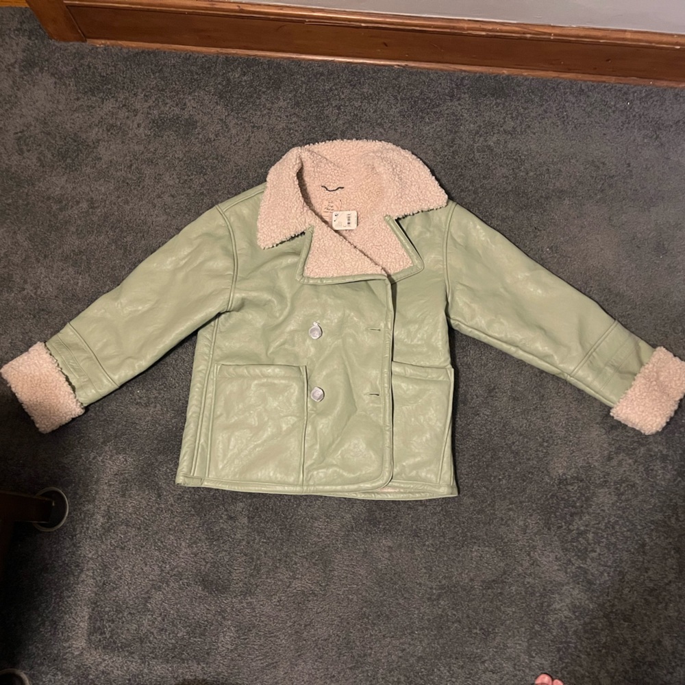 NWT Free People Kaja Vegan Leather Bonded Peacoat Jacket in Moss, size large